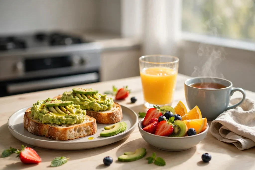 Avocado toast served with fresh fruit, orange juice, and tea on a bright brunch table.