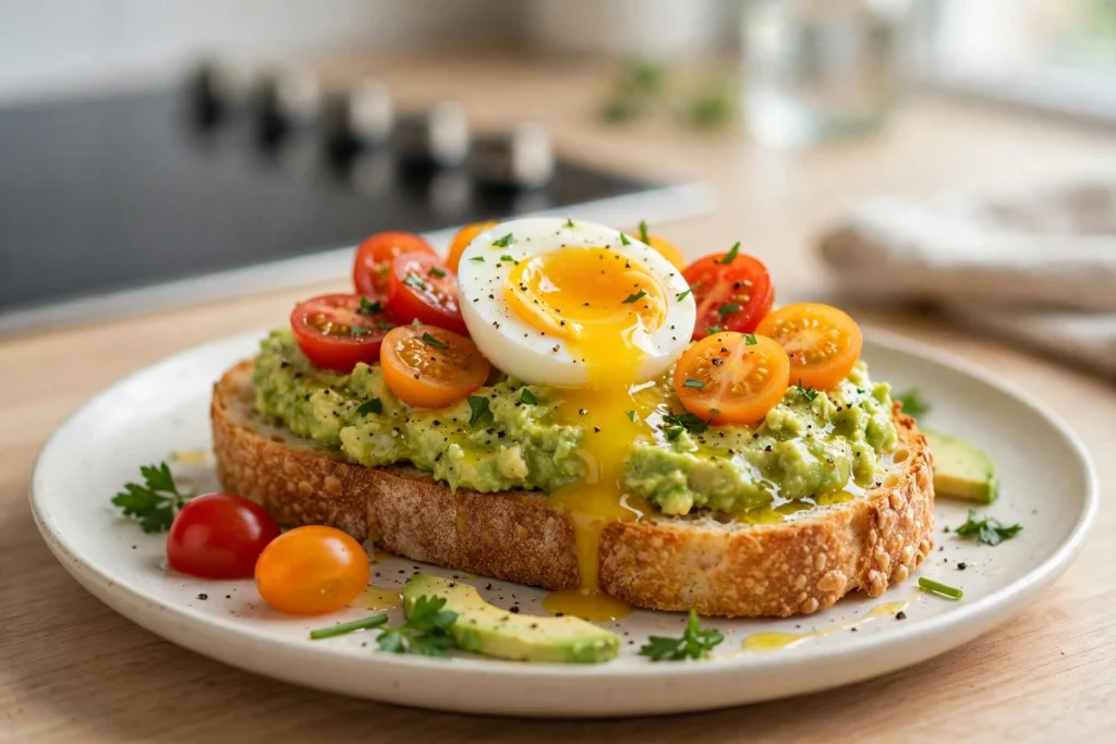 Avocado toast topped with a soft-boiled egg, cherry tomatoes, and fresh herbs on a ceramic plate.