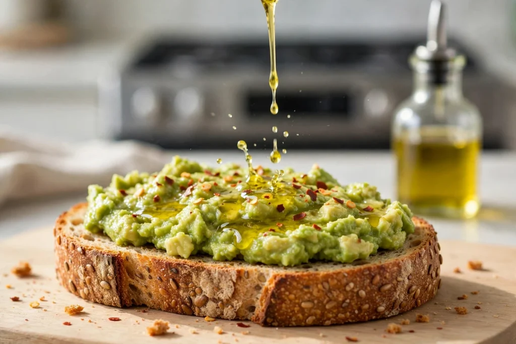 Olive oil being drizzled over a slice of avocado toast topped with red pepper flakes.
