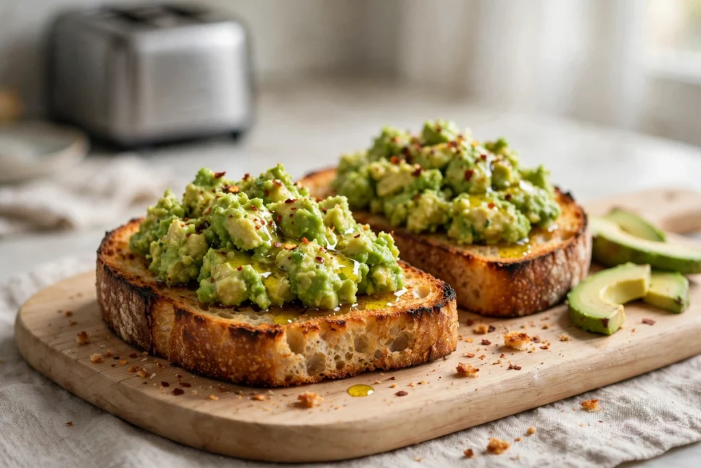 Two slices of sourdough avocado toast topped with mashed avocado, olive oil, and red pepper flakes on a wooden board.