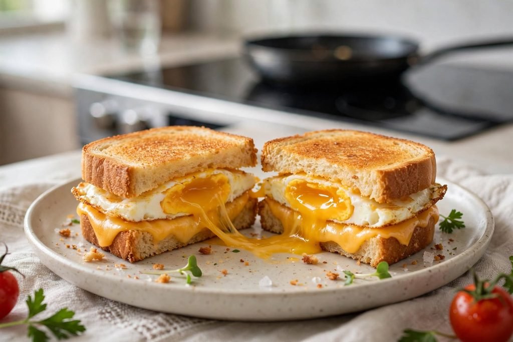 Egg sandwich cut in half showing a soft egg yolk and melted cheddar between toasted bread slices