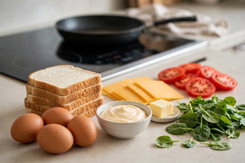 Ingredients for an egg sandwich including eggs, bread, butter, cheddar slices, mayonnaise, tomato, and spinach