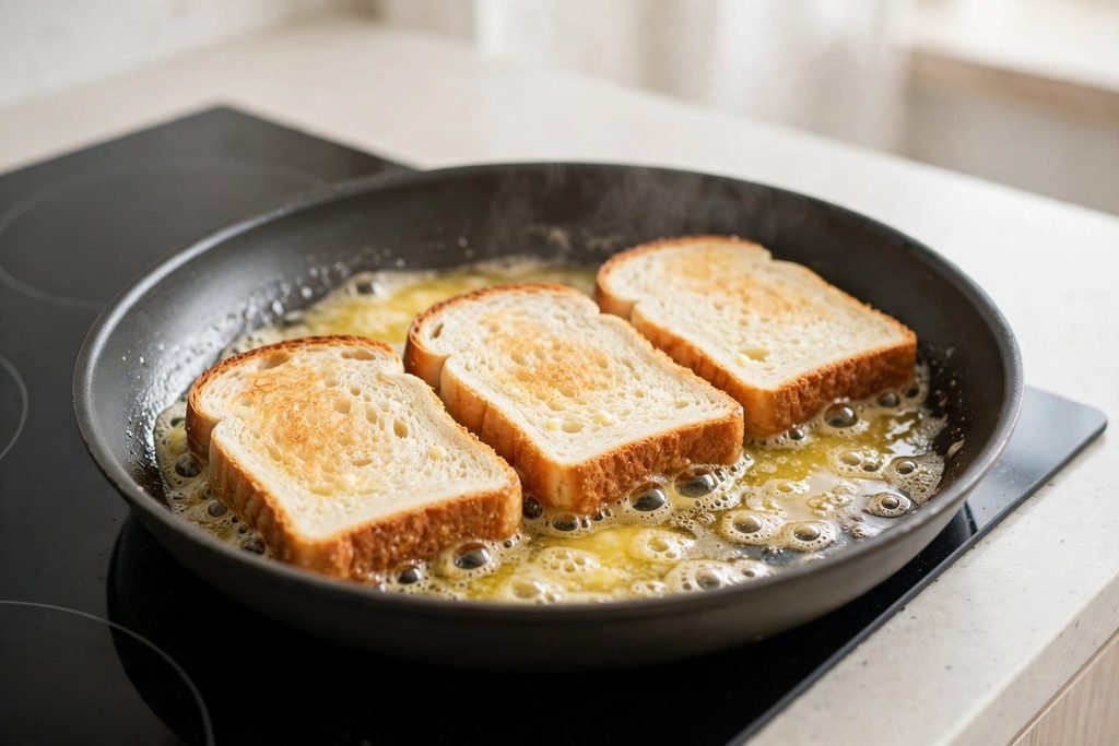 Slices of bread toasting golden brown in butter in a nonstick skillet