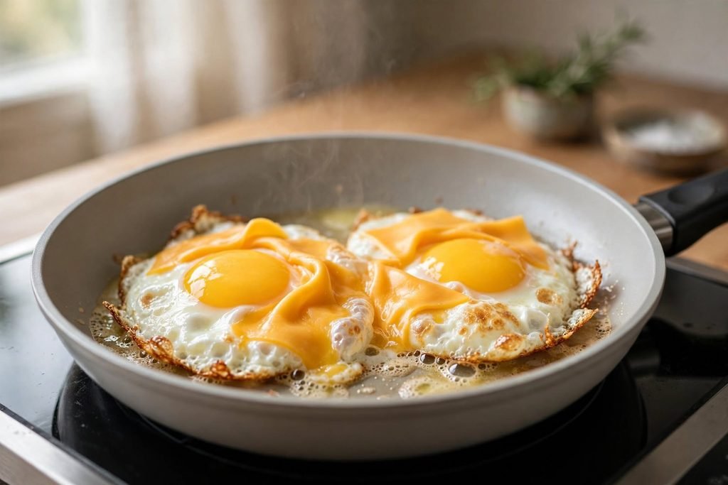Fried eggs in a skillet with cheddar cheese slices melting over the whites