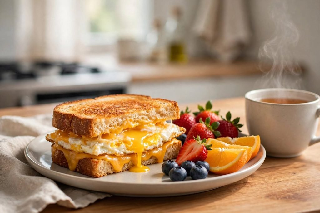 Egg sandwich served on a plate with fresh fruit and a cup of tea on a wooden table