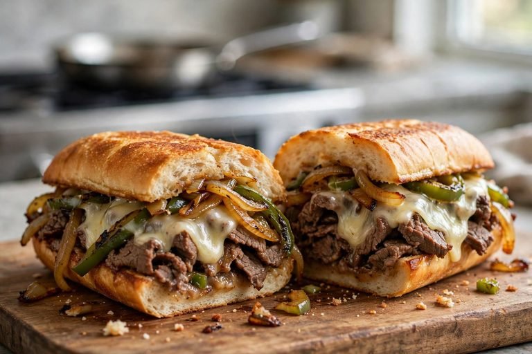 A halved Philly cheese steak sandwich with sliced ribeye, onions, peppers, and melted provolone on a wooden board.