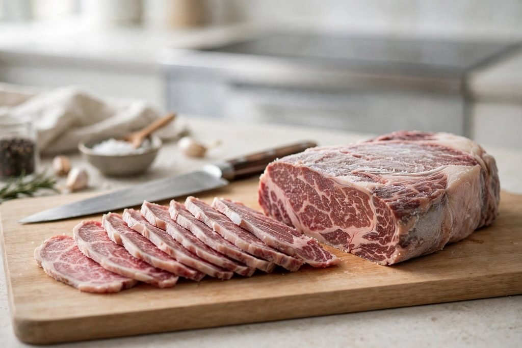 Raw ribeye steak sliced very thin on a cutting board with a chef's knife.
