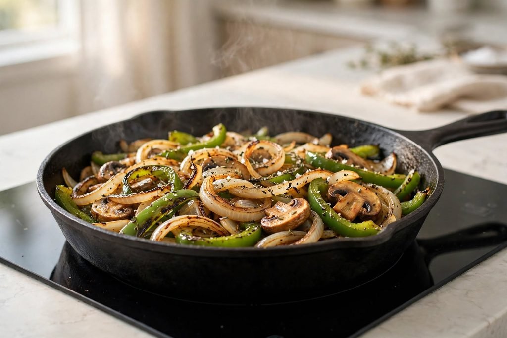 Sautéed onions, green peppers, and mushrooms cooking in a cast iron skillet.