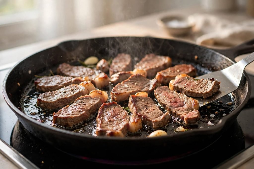 Thin slices of ribeye steak browning in a hot cast iron skillet.