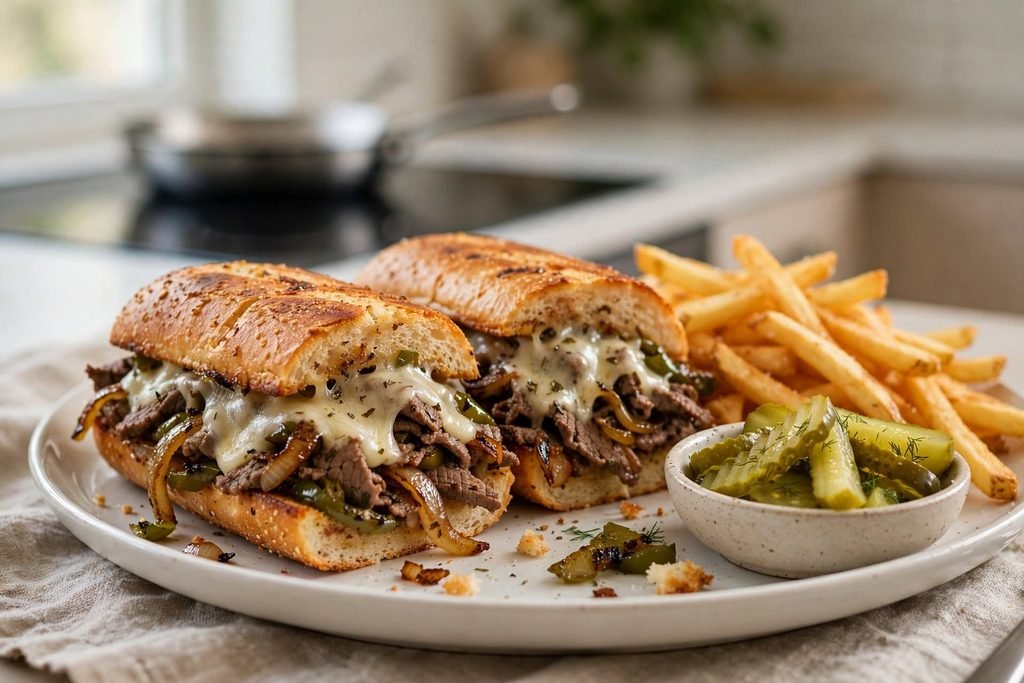 Two Philly cheese steak sandwiches served with french fries and pickles on a white plate.