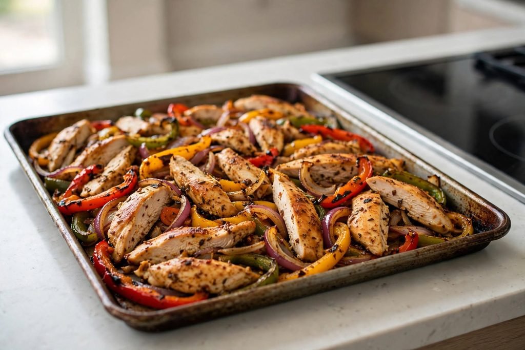 Sheet pan of roasted chicken fajitas with charred peppers and red onions