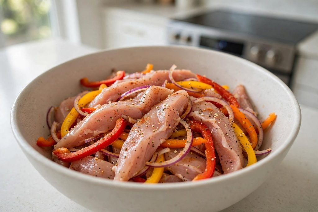 Chicken strips and sliced peppers coated in fajita seasoning in a mixing bowl