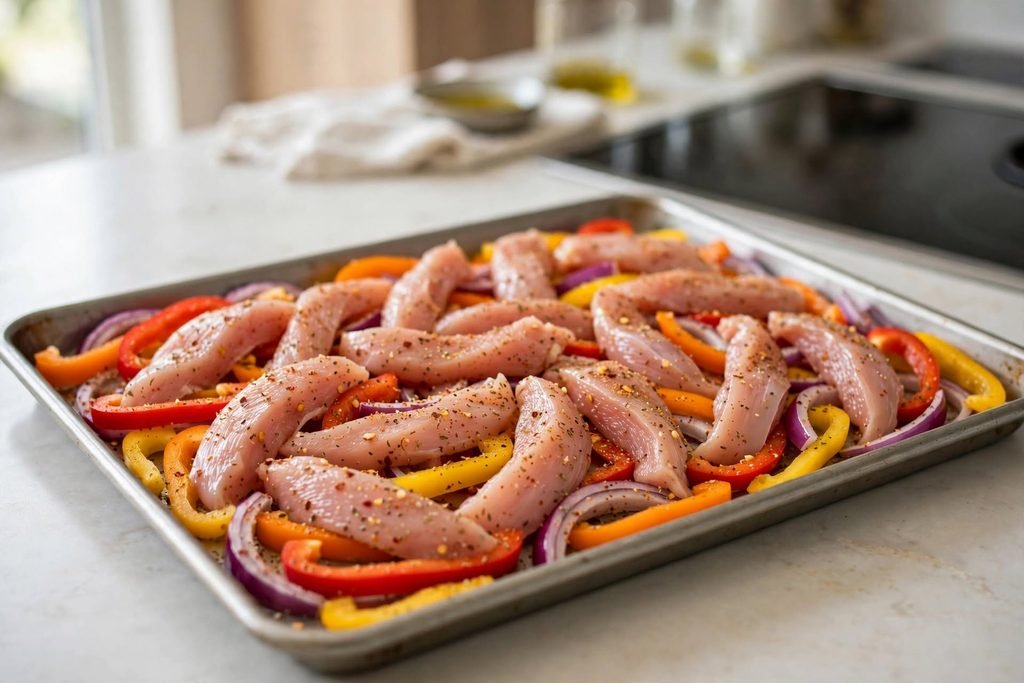 Seasoned chicken and vegetables spread in one layer on a sheet pan before baking
