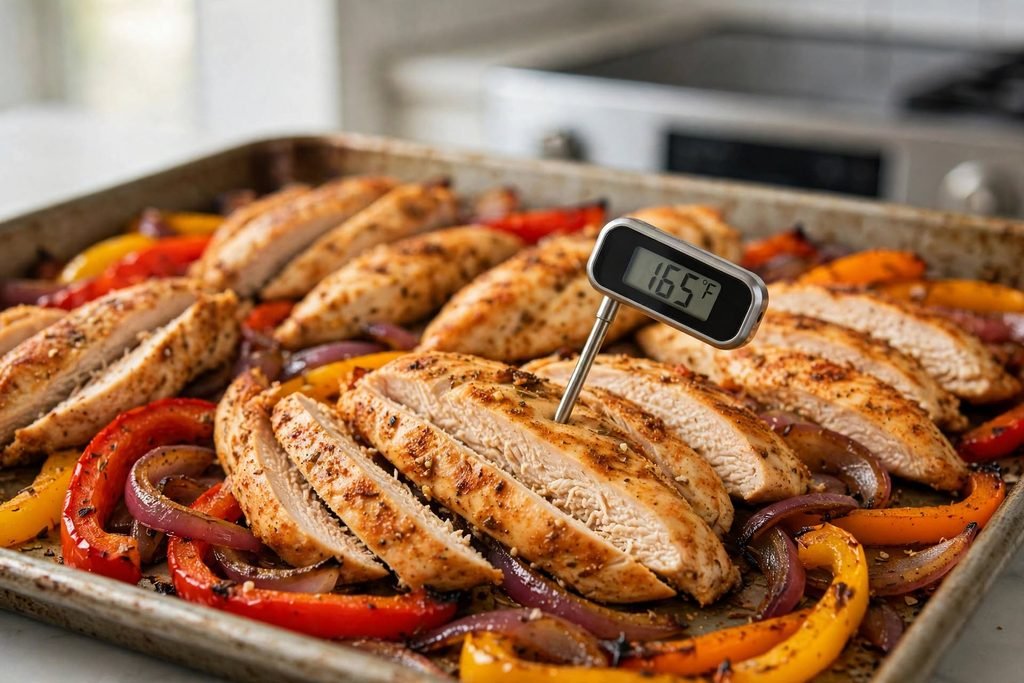 Close-up of roasted chicken fajita strips with caramelized peppers and onions