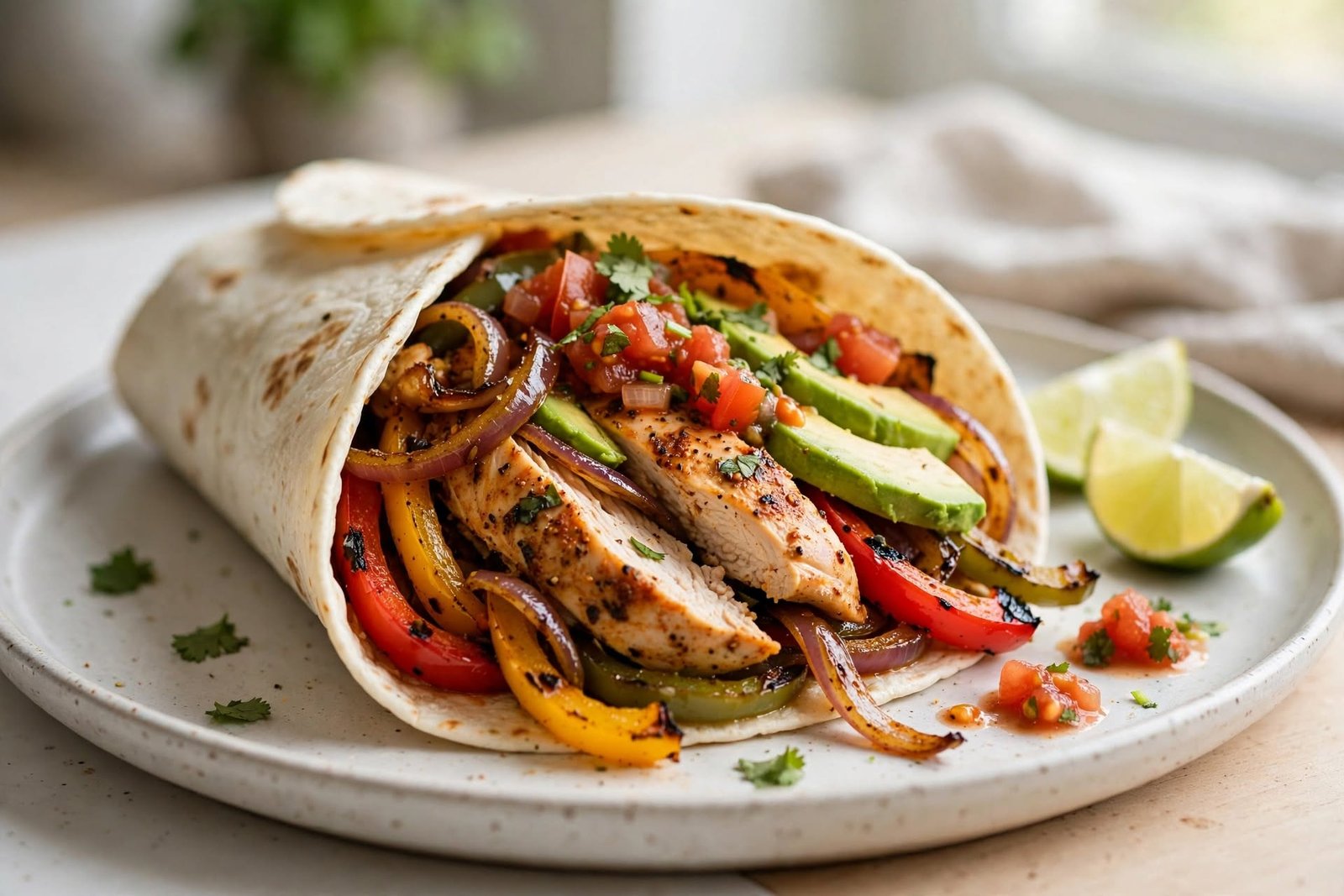 Chicken fajita in a warm tortilla topped with avocado, salsa, and cilantro