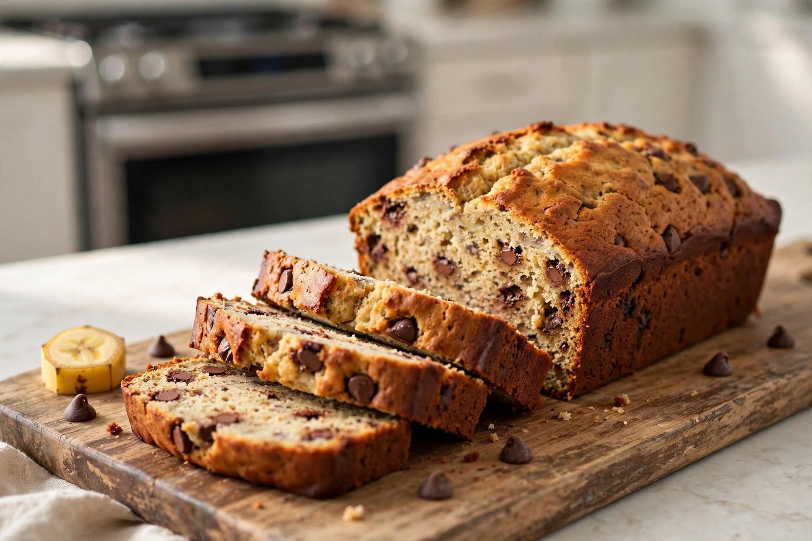 Sliced chocolate chip banana bread loaf on a wooden board with melted chocolate chips visible in the crumb.