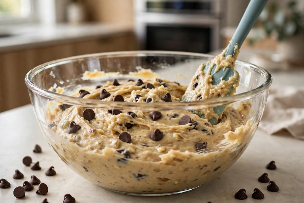 Thick banana bread batter with semi-sweet chocolate chips being folded together in a glass bowl.