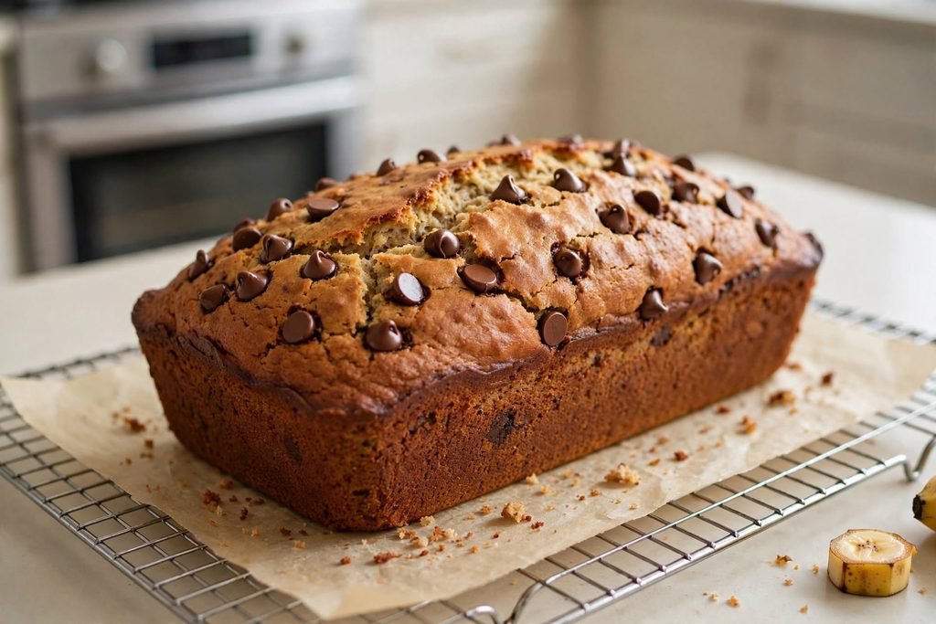 Golden brown chocolate chip banana bread loaf cooling on a wire rack with parchment paper underneath.