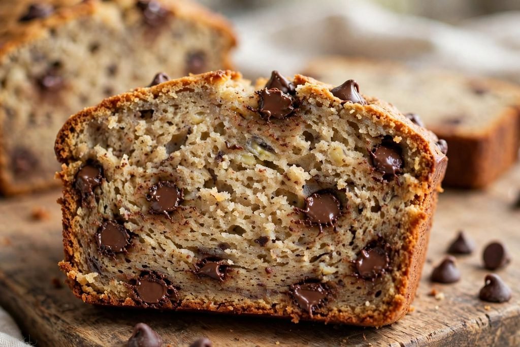 Close-up of a banana bread slice with a soft, moist crumb and melted chocolate chips.