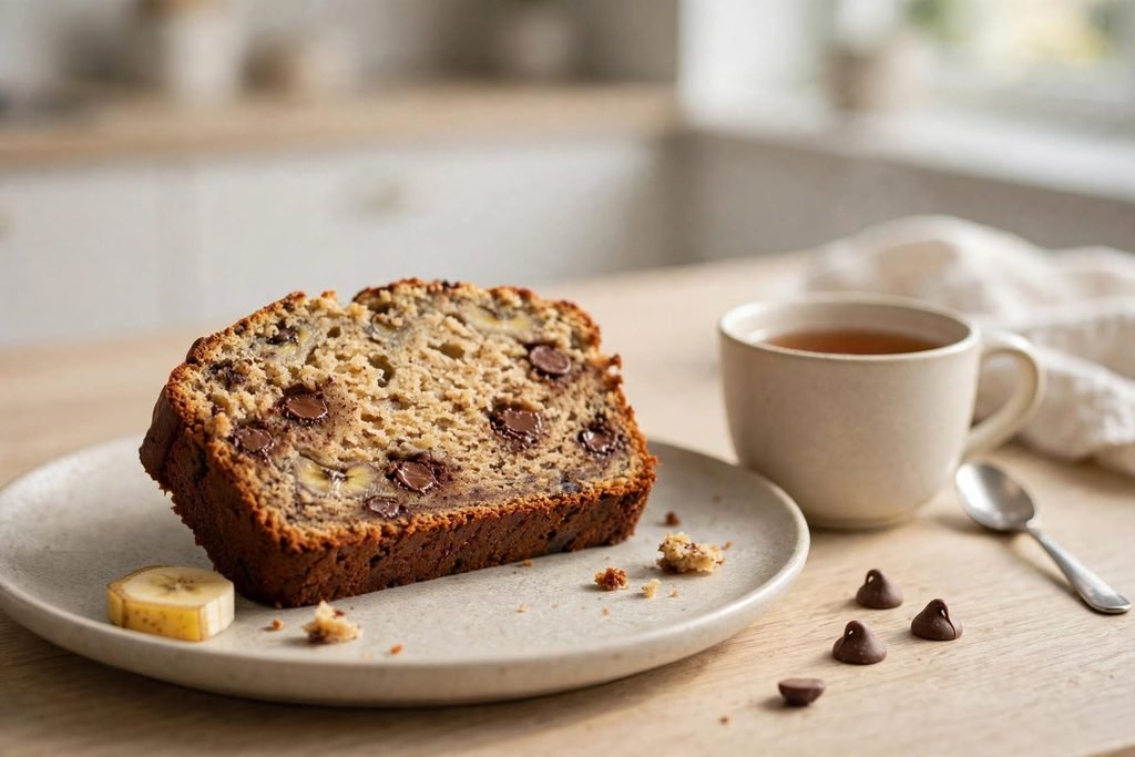 A slice of chocolate chip banana bread on a ceramic plate next to a cup of tea.
