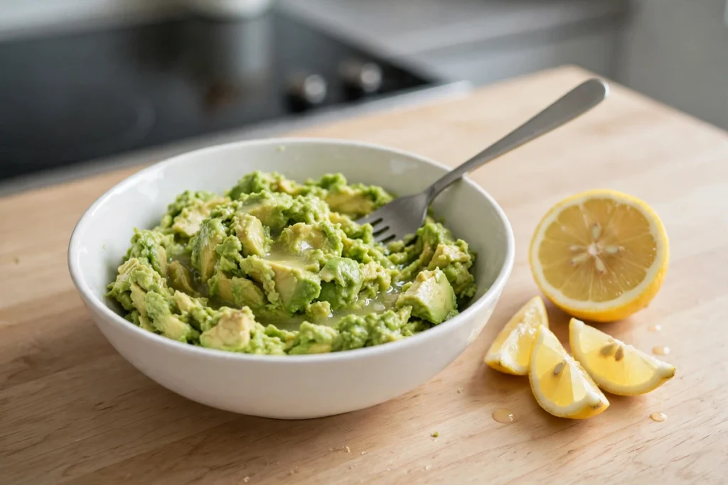 Ripe avocado mashed with a fork in a white bowl next to a halved lemon.